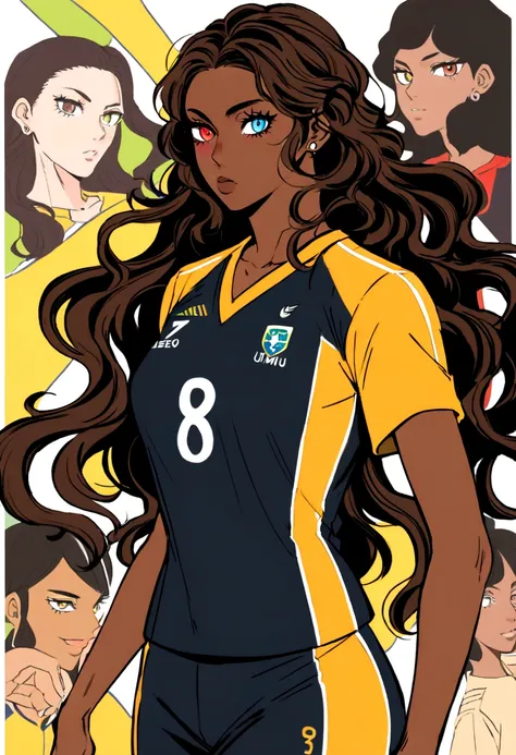 A Brazilian woman, with shoulder-length wavy hair, being half black and the other half red, com um piercing snake bitts, eyes with blue and brown heterochromia, With brown skin, with 1,78 tall, wearing the libero uniform of the Brazilian volleyball team, i...