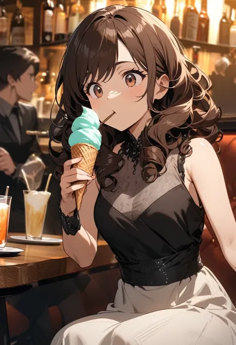 Italian girl with long curly brown hair, elegant dress sitting at a bar eating an ice cream, angular face