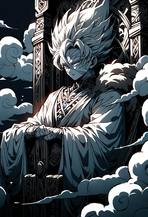 a god sat upon a throne of clouds , viewed from the front