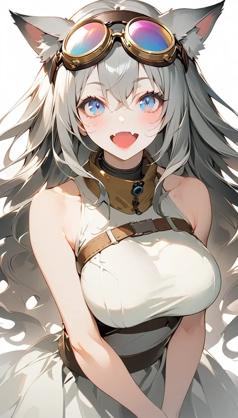 an image of a computer generated image that is posed to look like a cartoon, 1girl, breasts, solo, blue eyes, animal ears, goggles, large breasts, fang, open mouth, grey hair, long hair