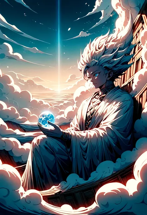 a god sat upon a throne of clouds , viewed from the front