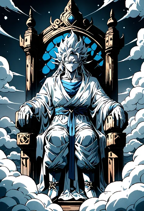 a god sat upon a throne of clouds , viewed from the front