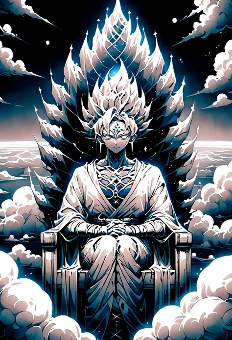 a god sat upon a throne of clouds , viewed from the front