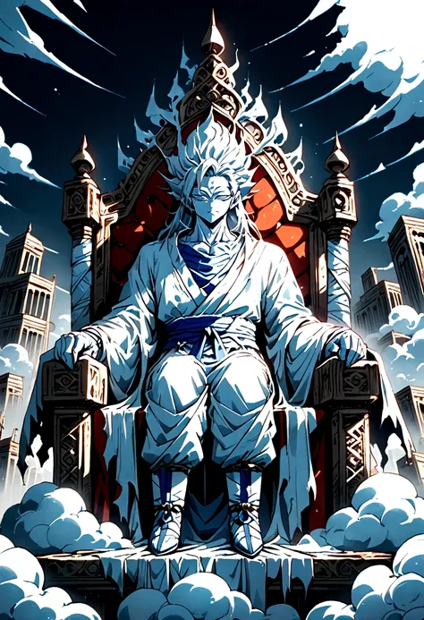 A god sat upon a throne of clouds , viewed from the front 