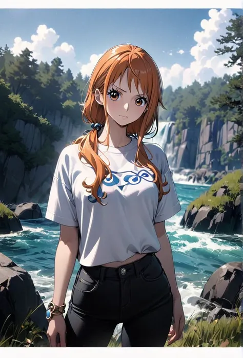 masterpiece, best quality), intricate details, 1 girl, woman, orange hair, nami \ (one piece\), (long hair) ((side bangs)) shirt...