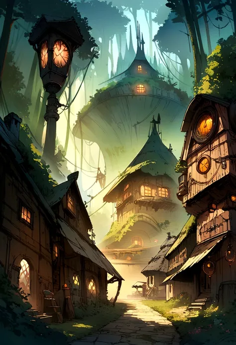 Concept art of a village in the forest for a game in the steampunk genre