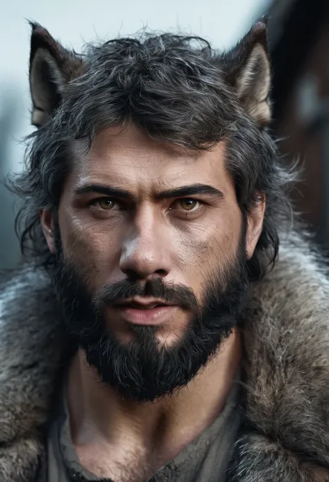 realistic photograph of a male werewolf with alpha wolf features. realistic fusion of faces of a bearded human being and an earl...