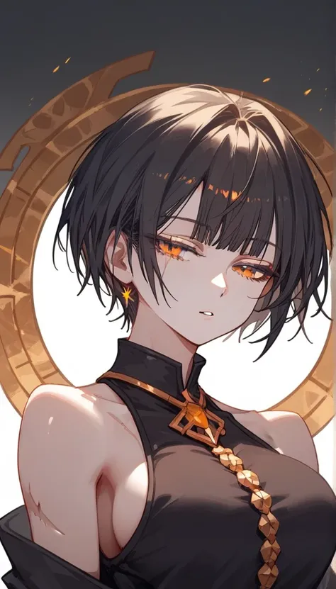 masterpiece, score_9, score_8_up, score_7_up,1 woman, alone, black hair, very short hair, split bangs, gold and orange eyes, hal...