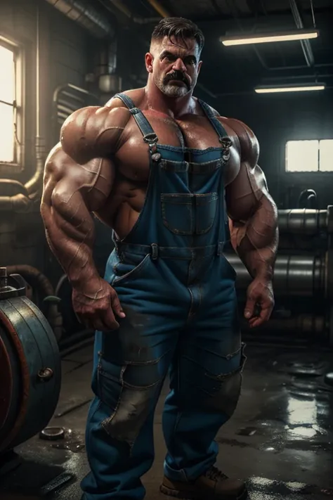 1 muscular plumber, overweight plumber, mustache, blue overalls, strong body, standing, fixing pipes, industrial setting, dirty,...