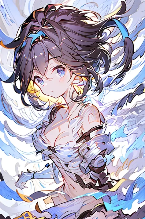 Djeeta 　dark blue hair　Black headband　Facing forward　looks strong　Black Armor　Cleavage is coming out　I have a protruding belly　Erase the background　Pure white background