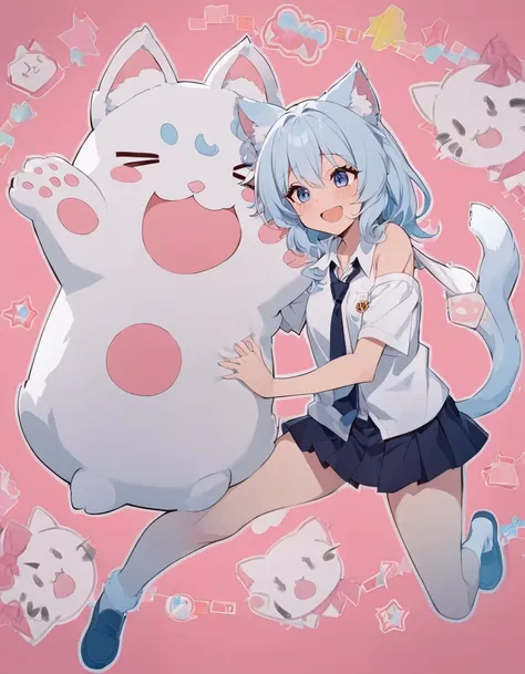 anime masterpiece, one beautiful catgirl with long white and light blue hair and fluffy neko ears wearing a school dress with bi...