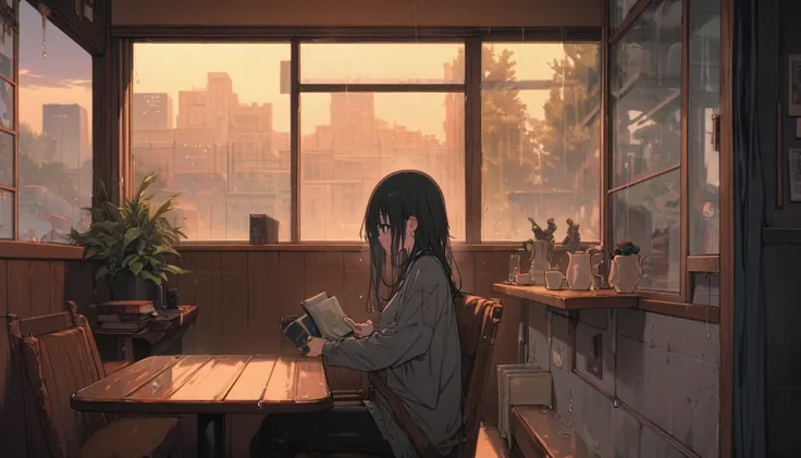 ((anime:1.4,figure)),(masterpiece, Highest quality, Highest quality),(Super detailed, The absolute solution),((16K, High resolution)), (((Cozy café interior, Wet day, Comfortable chair, Book, soft, Large window with raindrops, A cup of steaming coffee on a...