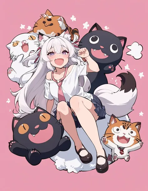 anime masterpiece, one beautiful catgirl ((neko ears))with long white hair wearing a school dress with big plush cat paw. the gi...