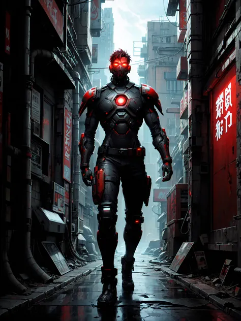 a cyberpunk redshouldered mercenary with glowing red eyes, red cybernetic enhancements, futuristic armor, dangerous and mysterious expression, cinematic lighting, dramatic pose, dark and moody atmosphere, neon city background, highly detailed, digital art,...