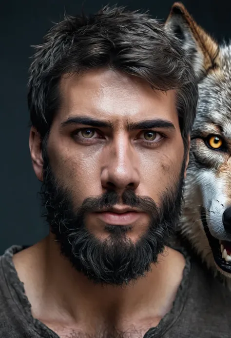 realistic photograph of a male werewolf with alpha wolf features. realistic fusion of faces of a bearded human being and an earl...