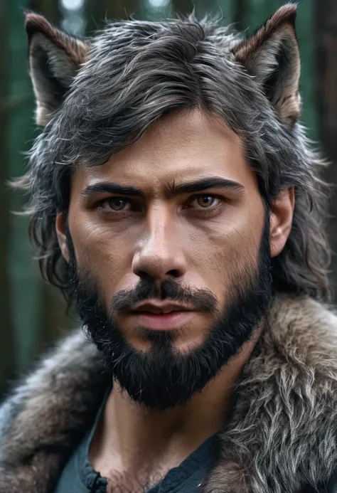 realistic photograph of a male werewolf with alpha wolf features. realistic fusion of faces of a bearded human being and an earl...