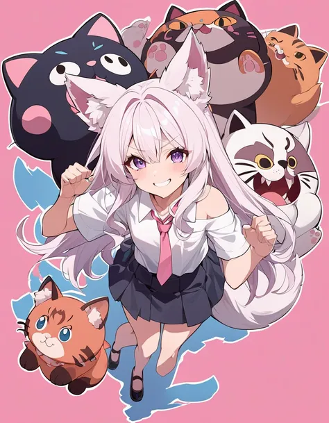 anime masterpiece, one beautiful catgirl with white long hair ((neko ears)) wearing a school dress with big plush cat paw. the g...