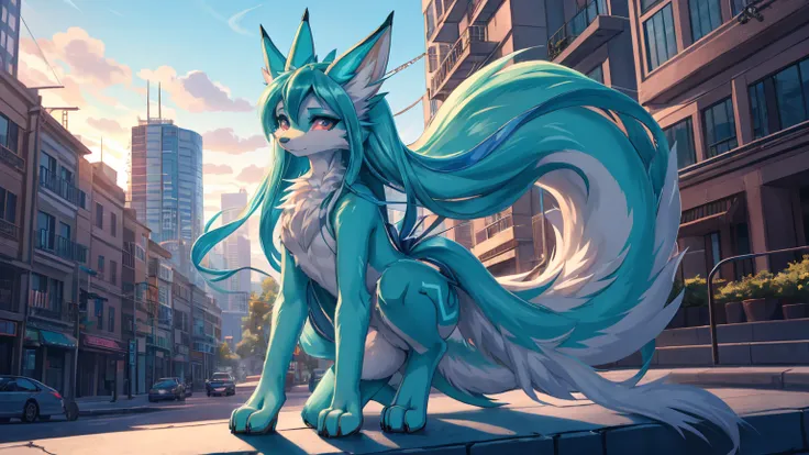 anime girl,tennage girl 18 years old, anime style, cute hatsune miku x suicune, centaurys girl,shy girl , kitsune ears, dark natasha art, city landscape, art by vixen aztra, full body high definition in details the best image quality, add_detail:1