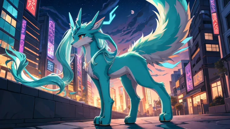 anime girl,tennage girl 18 years old, anime style, cute hatsune miku x suicune, centaurys girl,shy girl , kitsune ears, dark natasha art, city landscape, art by vixen aztra, full body high definition in details the best image quality, add_detail:1