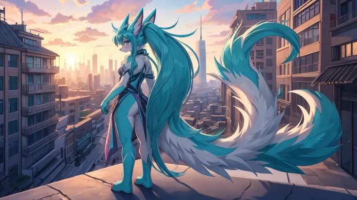 anime girl,tennage girl 18 years old, anime style, cute hatsune miku x suicune, centaurys girl,shy girl , kitsune ears, dark natasha art, city landscape, art by vixen aztra, full body high definition in details the best image quality, add_detail:1