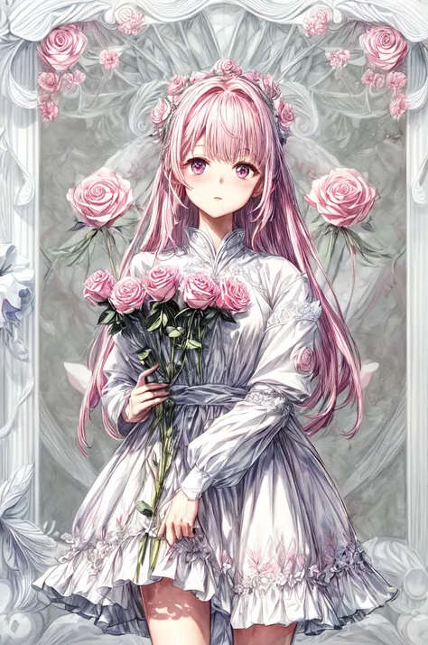 a woman , white   dress, standing, with pink flowers in her hair, standing sideways, half-length, close-up, 、ピンク、flower、rose、タロッ...