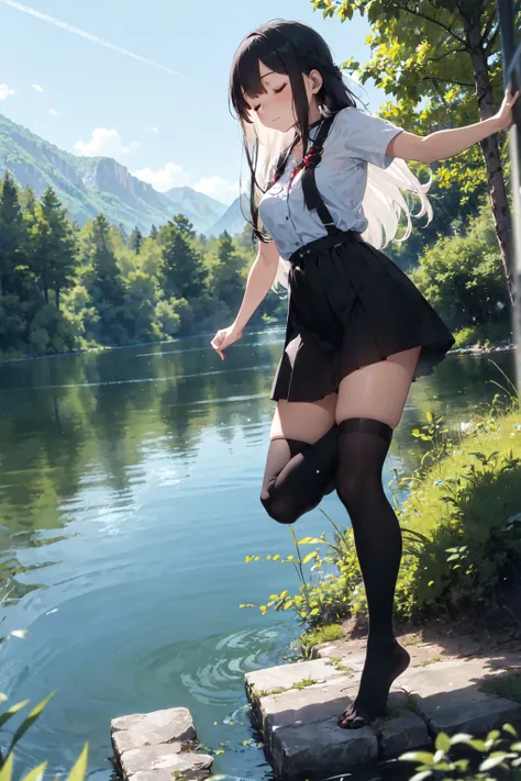 deep forest, (mysterious girl, white long hair:1.4), (jumping to rock in lake:1.3), detailed face, closed eyes, standing on lake in forest, full body, panorama view, magnificent view, absurdres, 8k, detailed plants