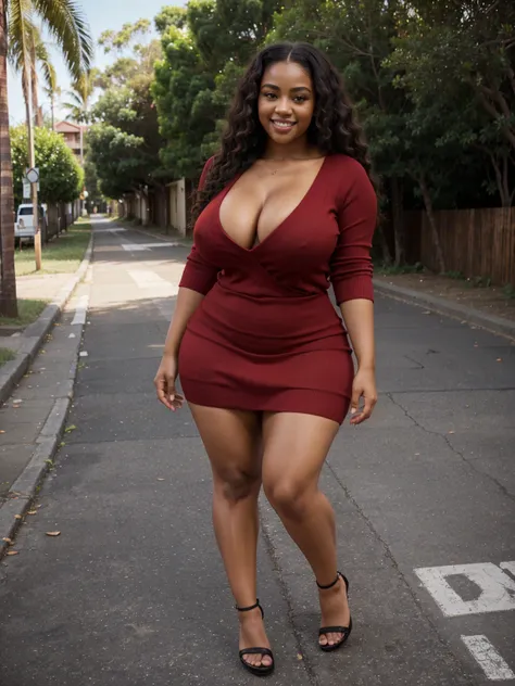 full body,all body, on foot, up and down, red skirt, sweater red, alone, smiling black woman, curly hair,curlys, street of bamaga australia, young goddess, gorgeous black lady, gorgeous black woman, gorgeous female, light skin, beautiful goddess, 24 years ...