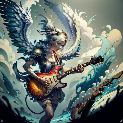 masterpiece, absurdres, extremely detailed, A woman with a guitar and wings in a smokey photo