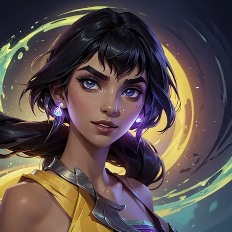 nilah \(league of legends\), 1girl, close up to face , arched eyebrows , elegant sensual smile , glowy eyes