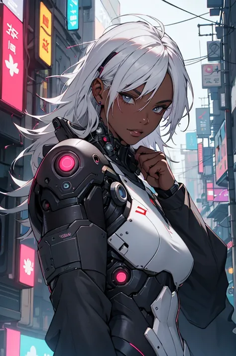 Cyberpunk woman, black skin, White hair, the down part of the body Is cyborg, we can see her entire body 