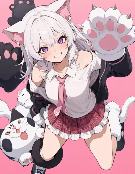 anime masterpiece, one beautiful catgirl with white hair wearing a school dress and ((big cat paw plush gloves)) with big plush ...