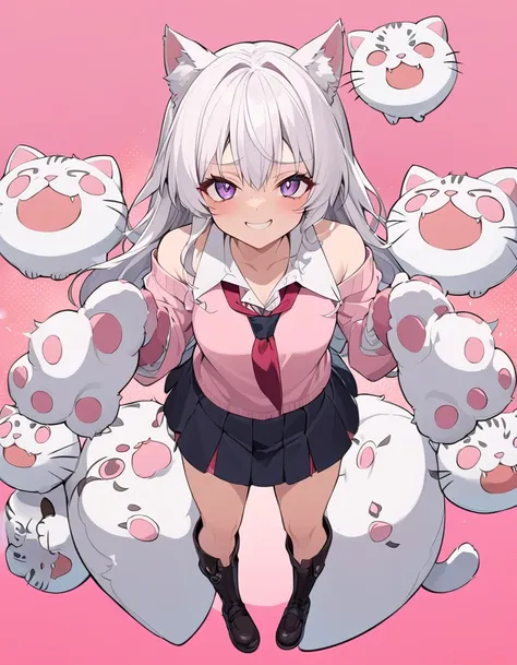 anime masterpiece, one beautiful catgirl with white hair wearing a school dress and ((big cat paw plush gloves)) with big plush ...