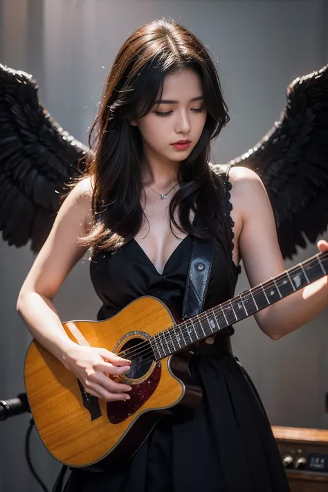 masterpiece, best quality, 8k, hdr, ultra detailed, masterpiece, absurdres, extremely detailed, a woman with a guitar and wings ...