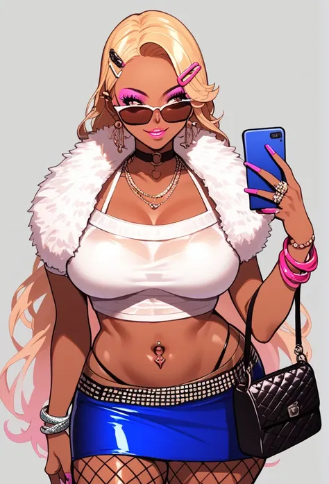 Score_9, score_8_up, score_7_up, score_6_up, source_anime, rating:general, 1girl, slutty_clothes, makeup, 1girl, solo, dark-skinned female, blonde hair, dark skin, phone, jewelry, sunglasses, earrings, long hair, crop top, handbag, very long hair, hair orn...