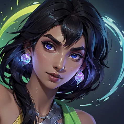 nilah \(league of legends\), 1girl, close up to face , arched eyebrows , elegant sensual smile , glowy eyes