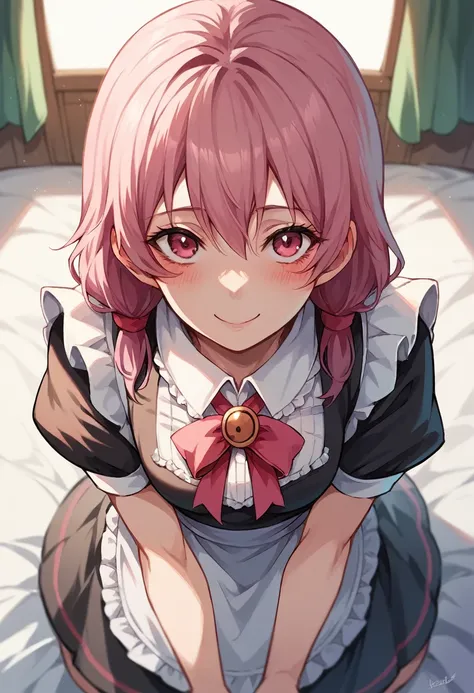 Yuno Gasai, 1 girl, alone, pink hair, long hair, dressed as a sexy and submissive maid, smile, blush, pink eyes, skirt, two stories, bun, pov, on her knees reliving her master