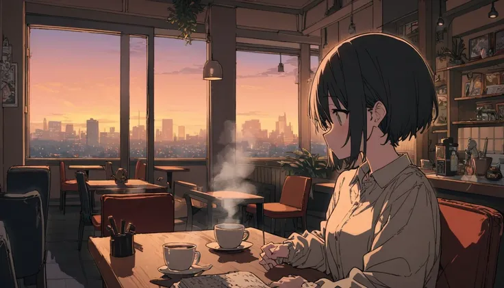 ((anime:1.4,figure)),(masterpiece, Highest quality, Highest quality),(Super detailed, The absolute solution),((16K, High resolution)), (((Cozy café interior,evening, Comfortable chair, Book, soft,A cup of steaming coffee on a table, Warm indirect lighting ...