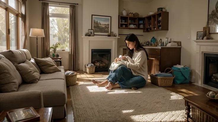 high-resolution, ultra-realistic, 4K, cinematic image of a serene living room bathed in warm natural light, with a busy mom folding laundry while immersed in an audiobook, surrounded by neatly stacked piles of clothes and a cozy atmosphere.