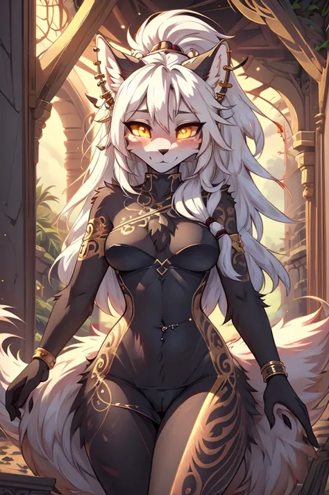 ((best quality, masterpiece, perfect anatomy, detailed picture)), furry, 2 female symmetrical split screen theme 1:5  pantherine, two tone fur, black body, grey fur, sexy, long white hair, ponytail hair, fluffy feline tail, yellow sclera, tribal tattoo, ea...