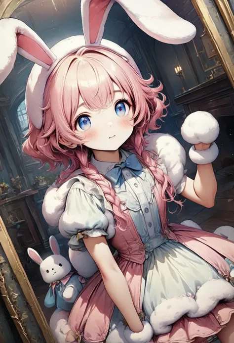 Ultra-realistic CG K ,((premium、8k、32k、Masterpiece:1.3)), (superfine illustration)、(súper high resolution), (((adult body))),whole body, plano general ,extremely detailed and beautiful eyes, a woman dressed in a fluffy rabbit costume with big bunny ears, t...