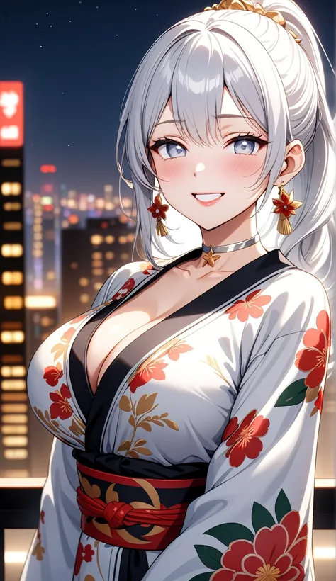 ((One personの女性)), Beautiful Face, Laughing embarrassedly, (laugh:1.2),((Wink:1.9)), (head tilt:1.3), Laugh with your mouth wide open, upper teeth, looking at viewer, ((full-face blush:1.6)),Glossy Red Lips, night, Skyscraper rooftop, firework, Glossy red ...