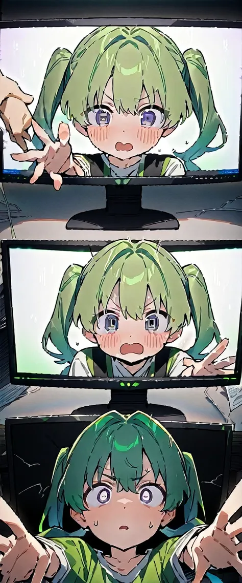 (((masterpiece,Highest quality))),(((Anime boy looking stunned in front of a computer monitor,A green haired anime girl with twin tails reaching out from a computer screen))),((A dark room with only the computer running)),A boy and a girl holding hands,(hi...