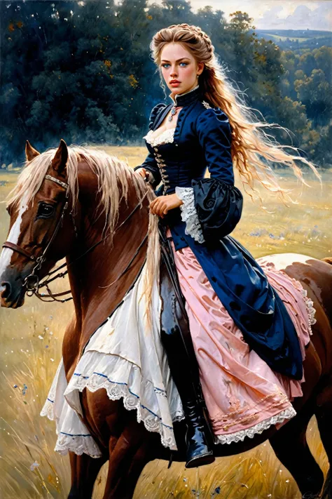 victorian hungarian women women of the 19th century, very elegant dresses, riding a horse in a meadow, gorgeous and long hair, p...