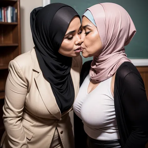 2women kiss Old,Female Teacher, Hijab Indonesian Mature Woman, Wearing Tight Blazer, Wearing Long Stockings Pants, Realistic lesbian Ultra Gigantic Breast : 36.9, Seductive Look, full body shot, depth of field, best quality photo, 2048p, 128K