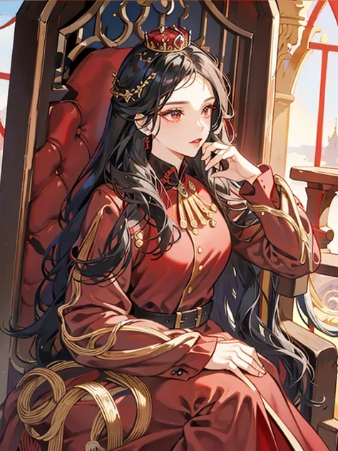 Queen，red，Majesty，Golden crown，long black hair，Western style palace，Overlooking，red velvet cloak，red black silk dress，Queen Clothing，throne