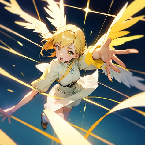 Anime angel ascending, looking up, female, raising hand, trying to touch a bright light yellow light