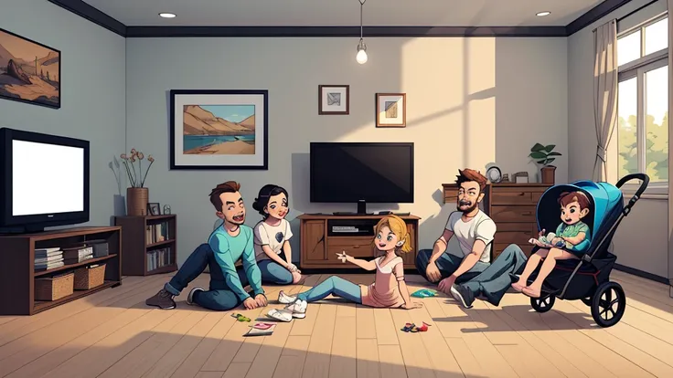 Traditional family in a traditional house, Fallout game image style Fallout clothes Cartoon image of a family indoors,  playing on the floor with a stroller, mother cooking, father sitting in the living room watching television. cartoon style illustration,...