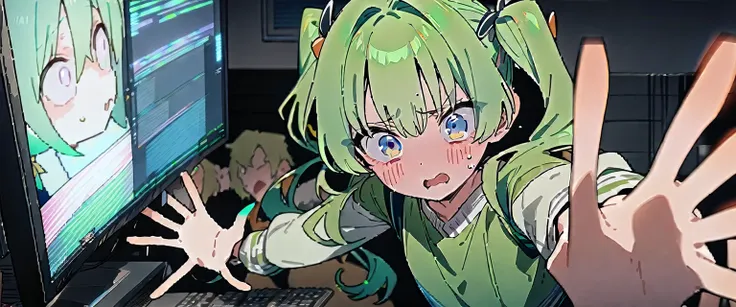 (((masterpiece,Highest quality))),(((Anime boy looking stunned in front of a computer monitor,A green haired anime girl with twin tails reaching out from a computer screen))),((A dark room with only the computer running)),A boy and a girl holding hands,(hi...