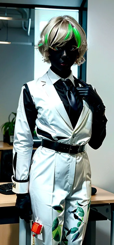 photograph, a guy in a white suit, an unbuttoned suit, a guy standing, black gloves, a black belt, unties his tie with his right hand, holds a mobile phone with his left hand, office background, blurred background, platinum blonde, bangs, natural hair, lig...