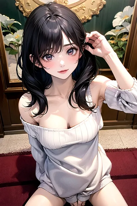 ((best quality)), ((masterpiece)), (detailed), 1girl. off-shoulder sweater. Bottomless. Black hair. Spread legs. Cleavage. Vagina. Small breast. Armpit.